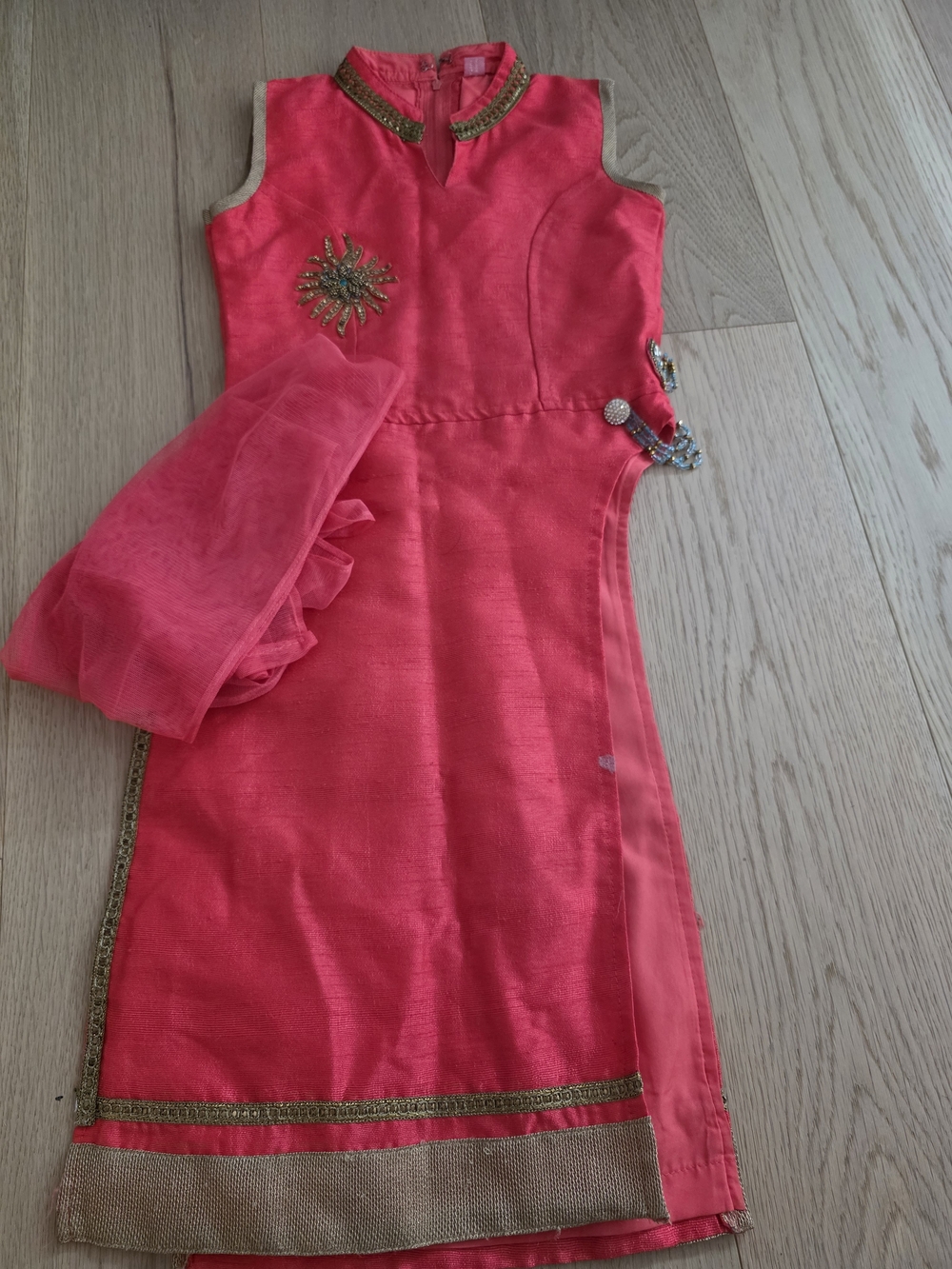 Girls Coral Pink Traditional Dress with Gold Trim